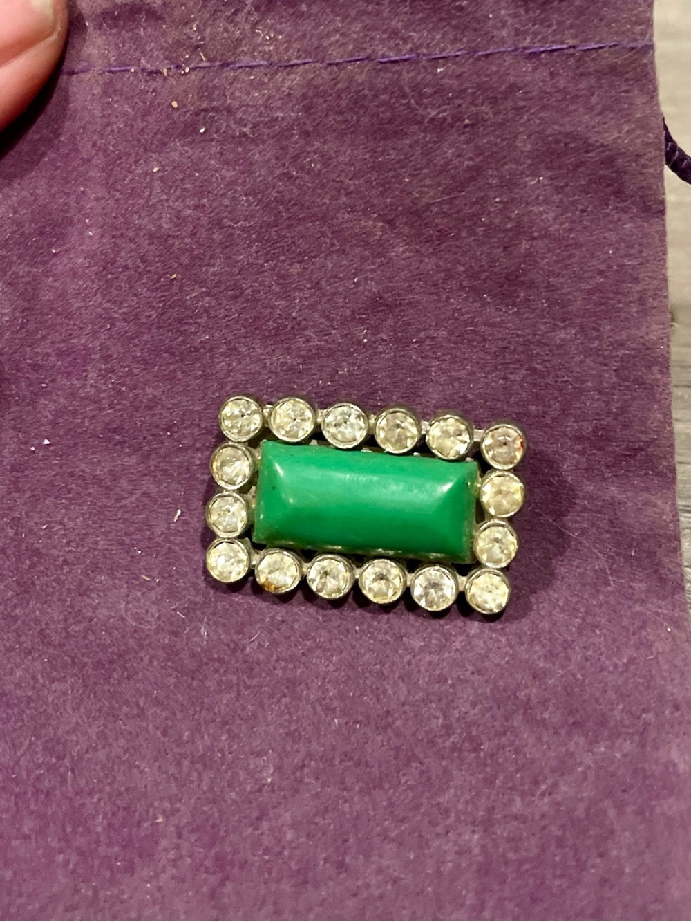 Green Jade Crystal-Trim Rectangular Brooch/Art Deco